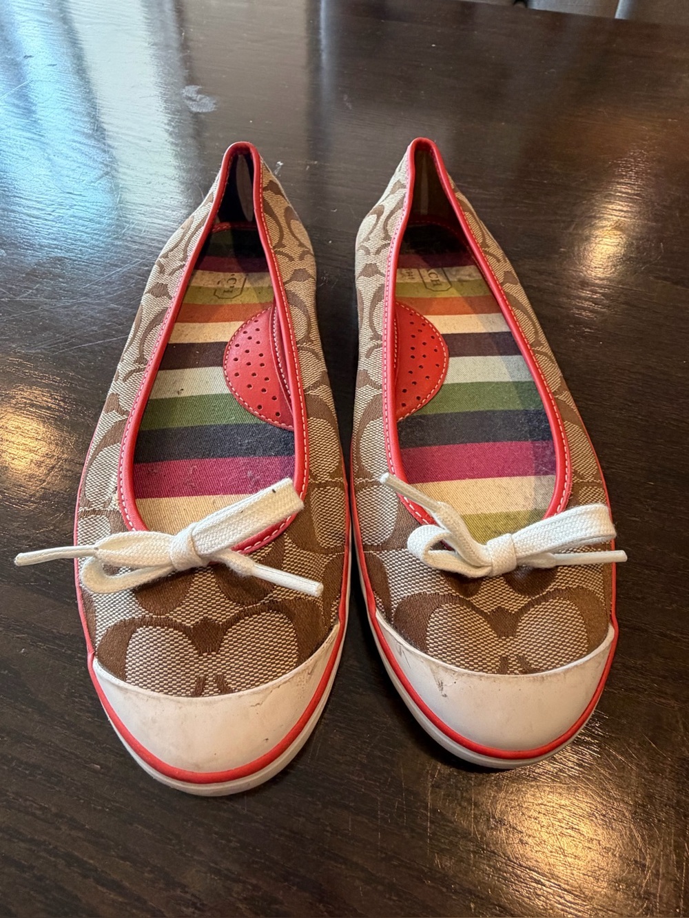 Coach Melisa Brown Signature Canvas Ballet Flats Sneakers with Coral Trim